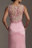 Pink Mermaid Satin Round Neck 3D Flowers Mother Of the Bride Dress with Pocket