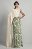 Green Sheath Floral Long Mother Of the Bride Dress with Side Cape