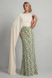 Green Sheath Floral Long Mother Of the Bride Dress with Side Cape