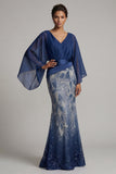Sparkly Navy Mermaid V-Neck Mother of the Bride Dress with Long Sleeves