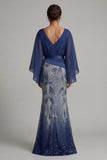 Sparkly Navy Mermaid V-Neck Mother of the Bride Dress with Long Sleeves