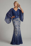Sparkly Navy Mermaid V-Neck Mother of the Bride Dress with Long Sleeves