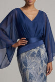 Sparkly Navy Mermaid V-Neck Mother of the Bride Dress with Long Sleeves