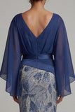 Sparkly Navy Mermaid V-Neck Mother of the Bride Dress with Long Sleeves