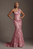 Sparkly One Shoulder Pink Mermaid Mother of the Bride Dress with Bow