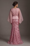 Pink V-Neck Mermaid Sequin Mother of the Bride Dress with Cape Sleeves