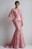Sparkly Pink V-Neck Mermaid Mother of the Bride Dress with Flare Sleeves