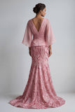 Sparkly Pink V-Neck Mermaid Mother of the Bride Dress with Flare Sleeves