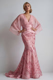 Sparkly Pink V-Neck Mermaid Mother of the Bride Dress with Flare Sleeves