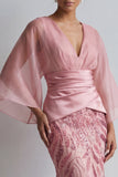 Sparkly Pink V-Neck Mermaid Mother of the Bride Dress with Flare Sleeves
