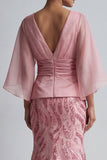 Sparkly Pink V-Neck Mermaid Mother of the Bride Dress with Flare Sleeves