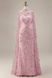 Pink Mermaid Illusion Neck 3D Flowers Evening Dress with Cape Sleeves