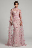 Pink Illusion Neck Mermaid 3D Flowers Mother of the Bride Dress with Cape Sleeves
