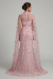 Pink Illusion Neck Mermaid 3D Flowers Mother of the Bride Dress with Cape Sleeves