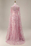 Pink Mermaid Illusion Neck 3D Flowers Evening Dress with Cape Sleeves