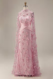 Pink Mermaid Illusion Neck 3D Flowers Evening Dress with Cape Sleeves