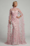 Pink Illusion Neck Mermaid 3D Flowers Mother of the Bride Dress with Cape Sleeves