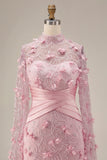 Pink Mermaid Illusion Neck 3D Flowers Evening Dress with Cape Sleeves