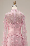 Pink Mermaid Illusion Neck 3D Flowers Evening Dress with Cape Sleeves