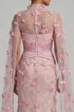Pink Illusion Neck Mermaid 3D Flowers Mother of the Bride Dress with Cape Sleeves