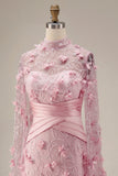 Pink Mermaid Illusion Neck 3D Flowers Evening Dress with Cape Sleeves
