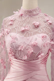 Pink Mermaid Illusion Neck 3D Flowers Evening Dress with Cape Sleeves