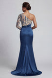 Sparkly Navy One-Shoulder Mermaid Long Mother of the Bride Dress