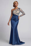 Sparkly Navy One-Shoulder Mermaid Long Mother of the Bride Dress
