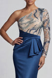 Sparkly Navy One-Shoulder Mermaid Long Mother of the Bride Dress