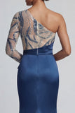 Sparkly Navy One-Shoulder Mermaid Long Mother of the Bride Dress