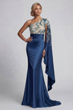 One Shoulder Navy Mermaid Mother of the Bride Dress with Cape Sleeves