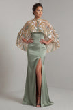 Light Green Mermaid Long Mother of the Bride Dress with Detachable Cape
