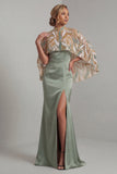 Light Green Mermaid Long Mother of the Bride Dress with Detachable Cape
