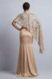 Champagne Mermaid Sequins Side Slit Mother of the Bride Dress with Detachable Cape