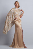Champagne Mermaid Sequins Side Slit Mother of the Bride Dress with Detachable Cape
