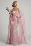 Strapless Pink Mermaid Floral Mother of the Bride Dress with Detachable Cape