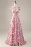 Pink A Line Cap Sleeve Long Mother Of Bride Dress with 3D Flowers