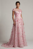 Pink A Line Cap Sleeve Long Mother Of Bride Dress with 3D Flowers