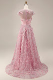 Pink A Line Cap Sleeve Long Mother Of Bride Dress with 3D Flowers