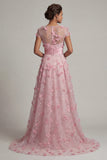 Pink A Line Cap Sleeve Long Mother Of Bride Dress with 3D Flowers