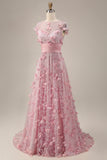 Pink A Line Cap Sleeve Long Mother Of Bride Dress with 3D Flowers