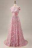 Pink A-Line Beaded Cap Sleeve Long Prom Dress with 3D Flowers