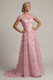 Pink A Line Cap Sleeve Long Mother Of Bride Dress with 3D Flowers