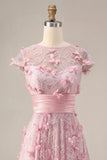 Pink A-Line Beaded Cap Sleeve Long Prom Dress with 3D Flowers