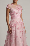 Pink A Line Cap Sleeve Long Mother Of Bride Dress with 3D Flowers
