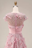 Pink A-Line Beaded Cap Sleeve Long Prom Dress with 3D Flowers
