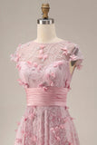 Pink A-Line Beaded Cap Sleeve Long Prom Dress with 3D Flowers