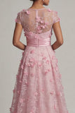 Pink A Line Cap Sleeve Long Mother Of Bride Dress with 3D Flowers