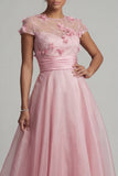 Pink Round Neck A Line Mother Of Bride Dress with 3D Flowers