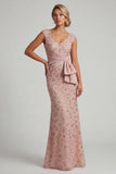 Mermaid Beaded Blush V Neck Long Mother Of Bride Dress
